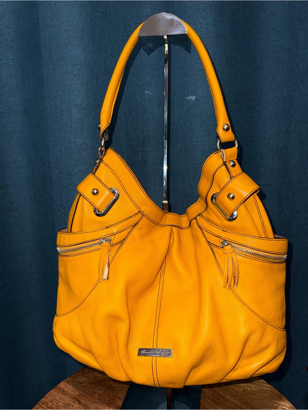 Etienne Aigner Mustard Yellow Leather Hobo Bag with Blue Charm